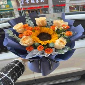 1支向日葵5支香槟橙芭比蓝色包装