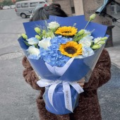 【一举夺魁】2支向日葵1支蓝色绣球5支骄傲混搭花束鲜花店送花上门